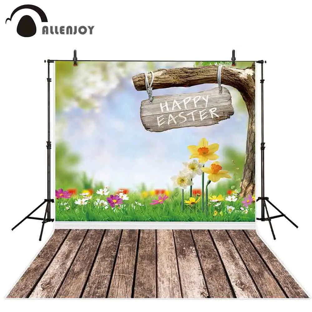 

Allenjoy photophone backdrops Happy easter wood floor flower grassland spring bokeh professional backgrounds fabric photobooth