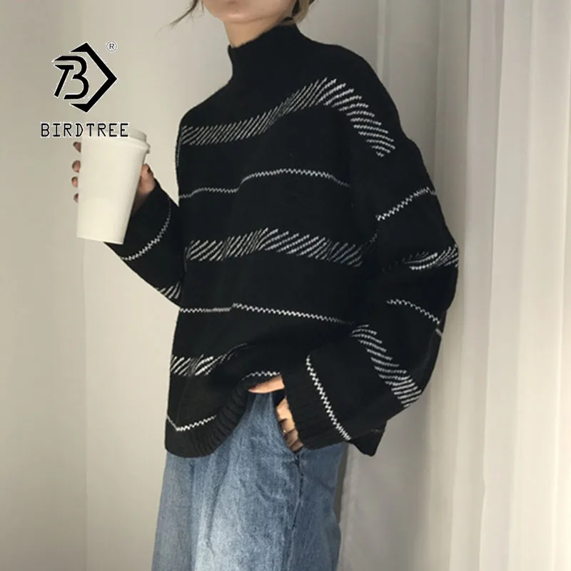 

2019 Winter New Women's Pullovers Sweater Striped Turtleneck Knitted Loose Harajuku Korean Casual Vintage Fashion Tops T98303D