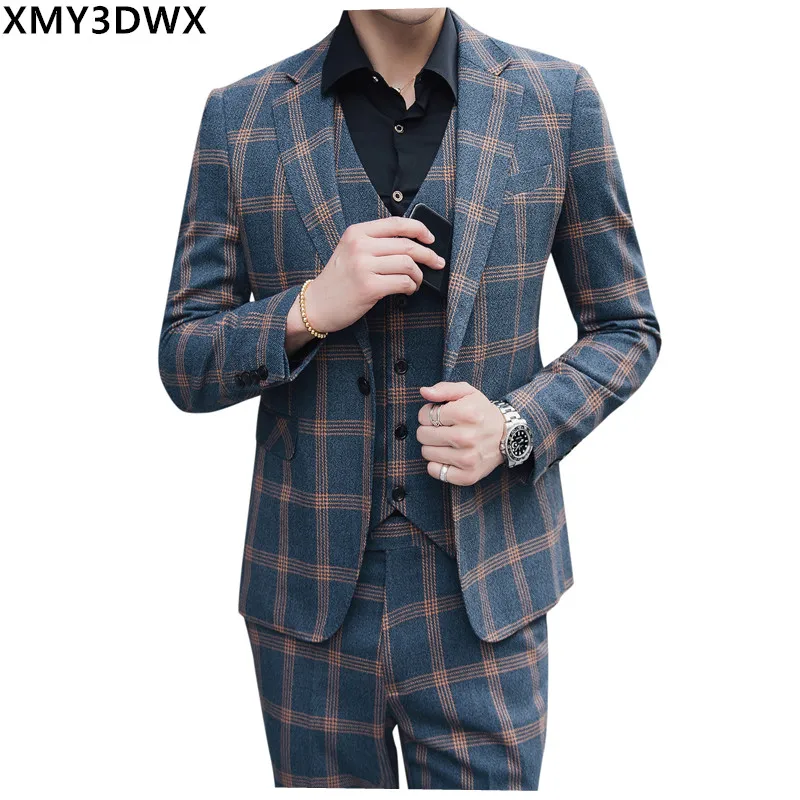 

2019 New High quality Men single Breasted Plaid Casual Wedding Suit Men's Business Suits plus-size S-5XL (jacket + vest + pants)