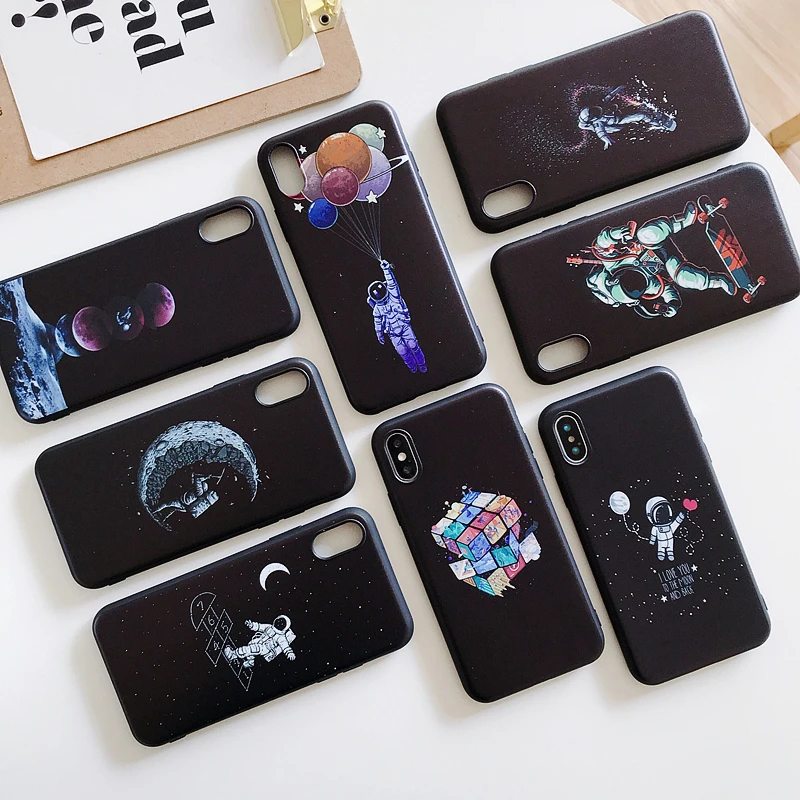 Черный чехол из ТПУ для Apple iPhone X XR XSMax 11 Модный с мультяшным астронавтом 6 6S 7 8 Plus