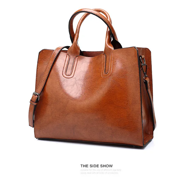 Vintage Oil Wax Leather Handbag For Women, Trendy Wide Strap