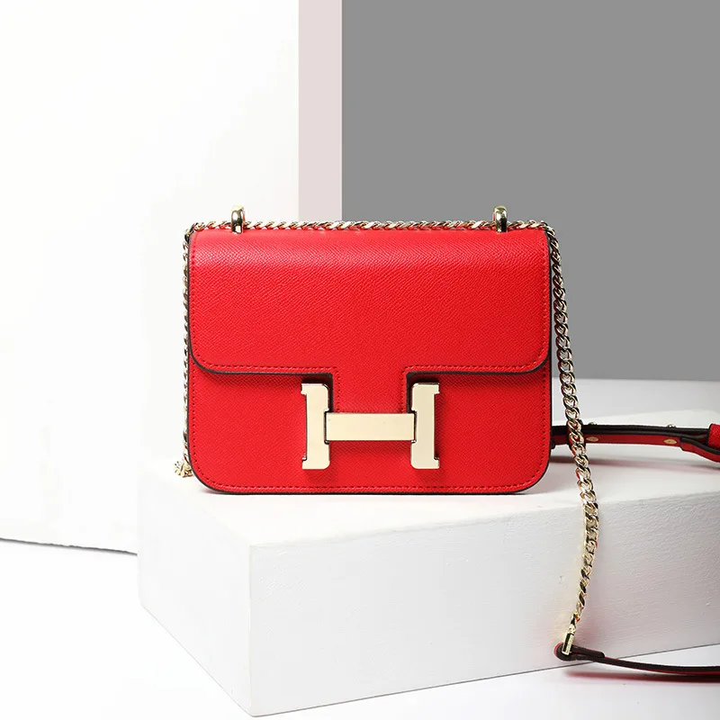 

High Textured 2019 Autumn New Style Fashion Genuine Leather Square Sling Bag Shoulder Oblique Bag Simple H Buckle kong jie bao S