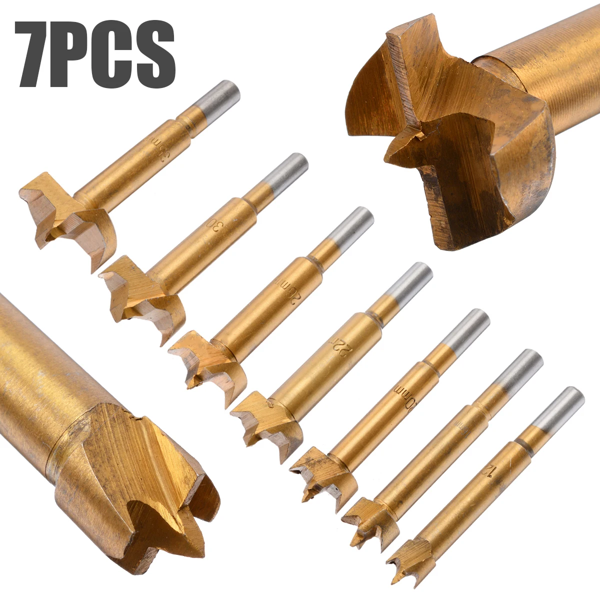 

7Pcs 12/16/20/22/26/30/35mm Forstner Wood Drill Bit Set Titanium-Coated Drill Bits Flat-bottomed Hole Drilling For Woodworking