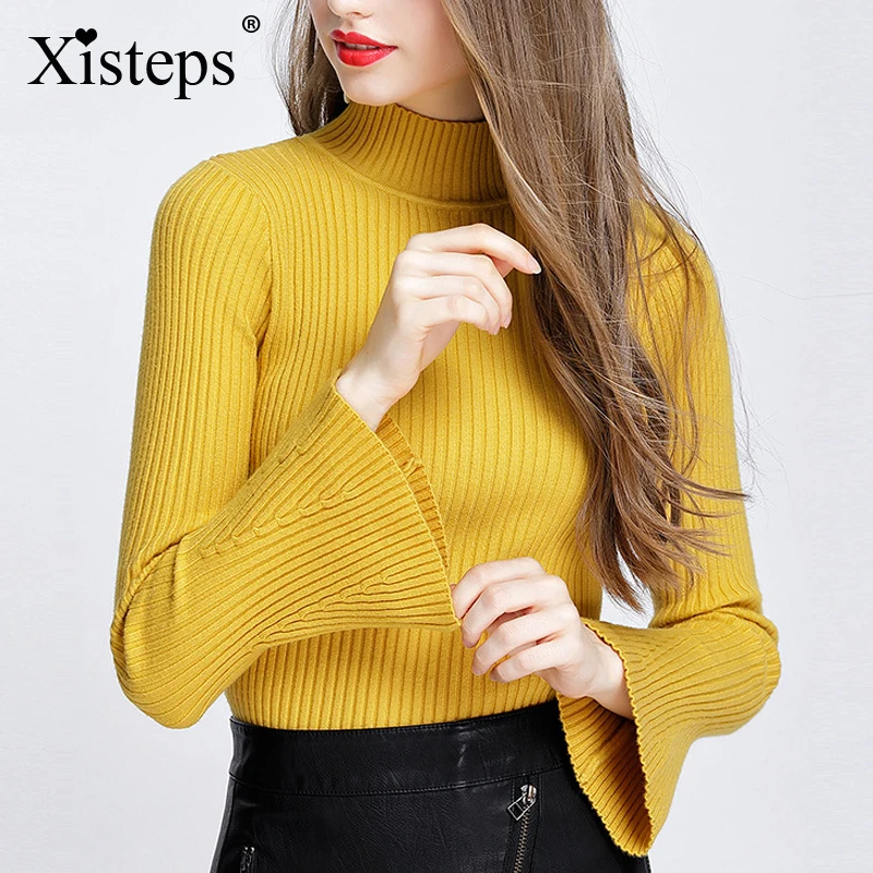 

Nonis Women New Knitted Turtleneck Flare Sleeve Pullovers Sweater Female Warm Thick Casual Slim High Stretch Spring Autumn 2019