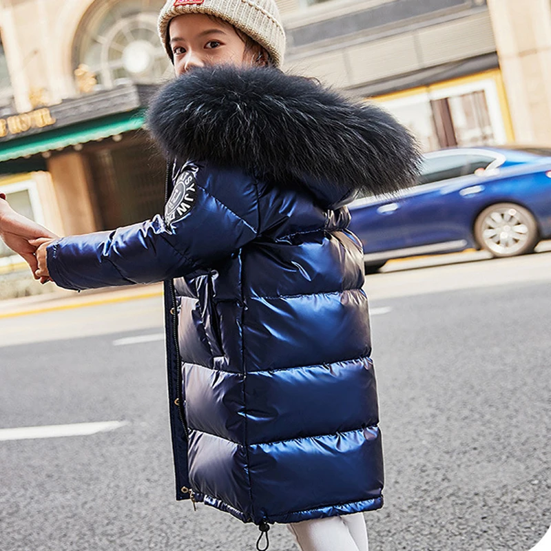  -30 Degrees Girl Boy Down Coat Glossy Jacket Zipper Real Raccoon Fur Collar Soft and Smooth Baby Wi