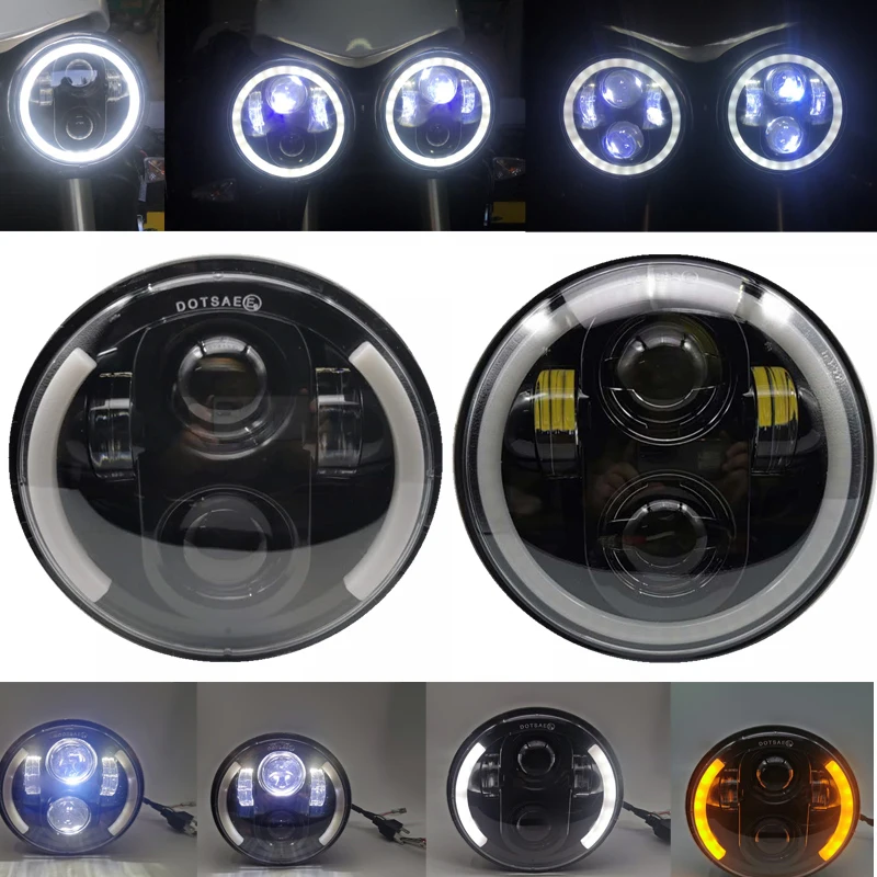 5.75'' Round Headlamp White DRL/Amber Halo Motorcycle Light For Dyna Datsun 620 Macbor Rockster Wide Glide LED Moto Headlight. |