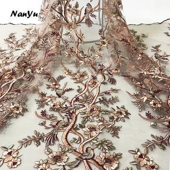 

French Lace Fabric Grey Mesh Embroidered Tulle Fabric Lace With Rhinestone For Dress