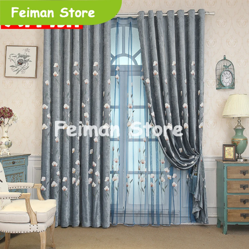 Pastoral White Kapok Chenille Tulle Fabric Curtains For Living Room Thick Insulation Embroidered Window Treatments AP259-30 | Дом и сад