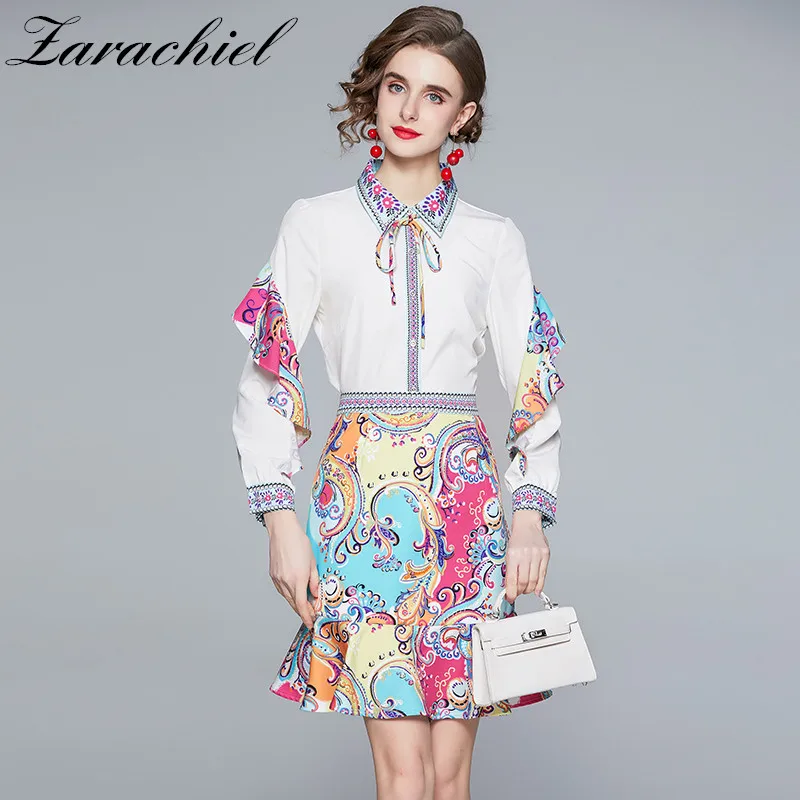 2021 Fall Two Piece Outfits Women Holiday Flower Printed Long Ruffles Sleeve Shirt Bow Top + Mermaid Midi Skirt Elegant 2pcs Set |