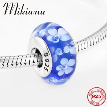 

Charming 925 Sterling Silver White Flower Blue Maruno Glass Beads Charm fit Original Mikiwuu Women Bracelet Jewelry Accessories