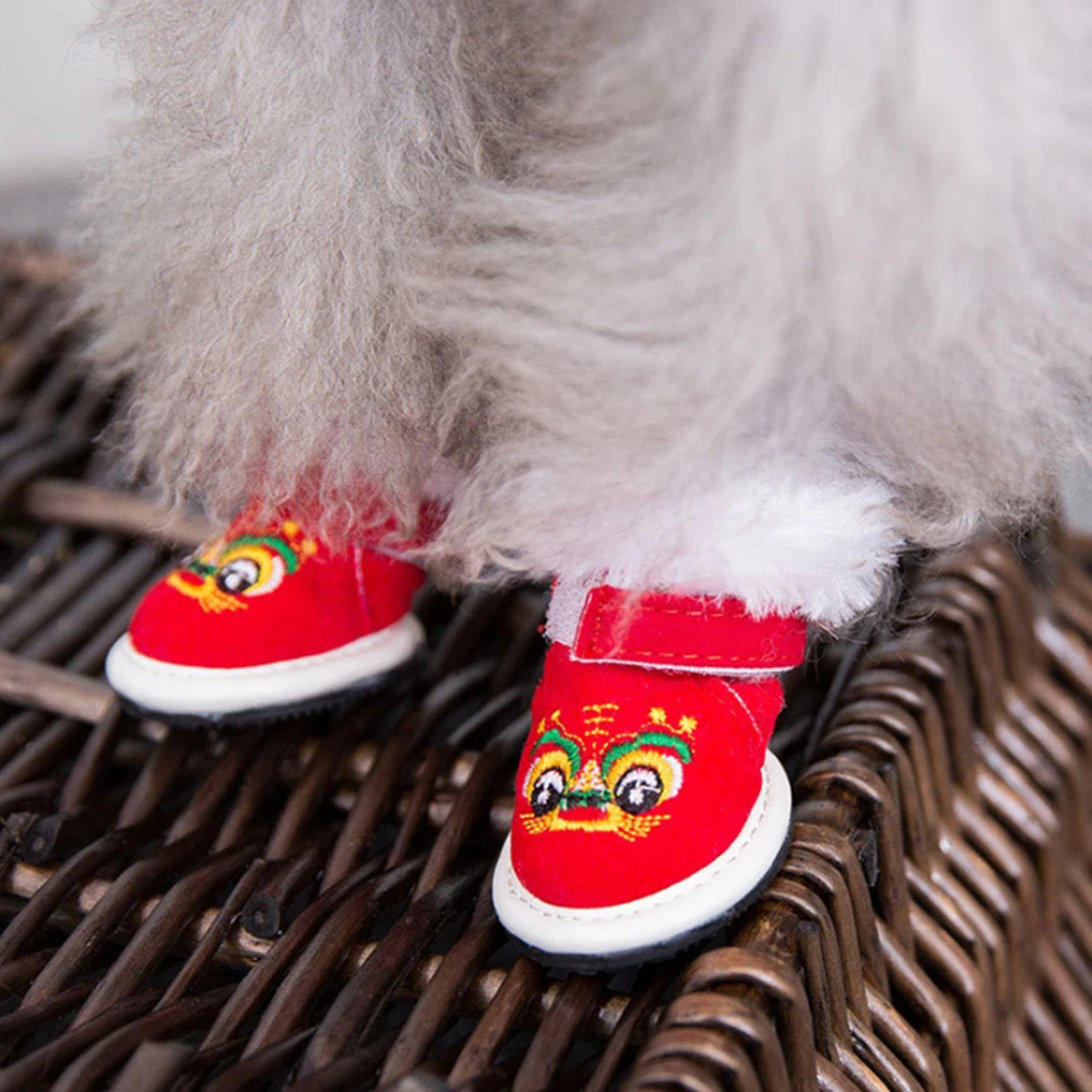 

4pcs Pet Dog Tiger Head Cotton Shoes Indoor Outdoor Winter Warm Shoes Teddy Non-Slip Boots With Adjustable Fastening Straps