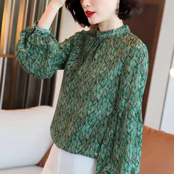 

Spring Fall Womens Korean Clothes , Famale Stand Collar Lanter Long Sleeve Blouse Top Shirt , 4xl Lforal Tops Blouses for Woman