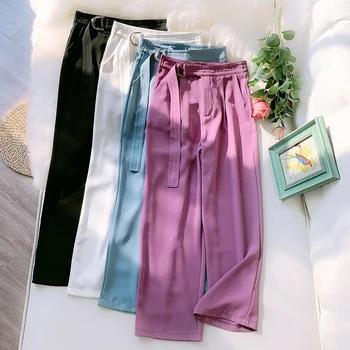

Wasteheart Summer New Women Fashion Purple Long Loose Pants Flat Straight Pants High Waist Female Pants Slash Casual Knitted