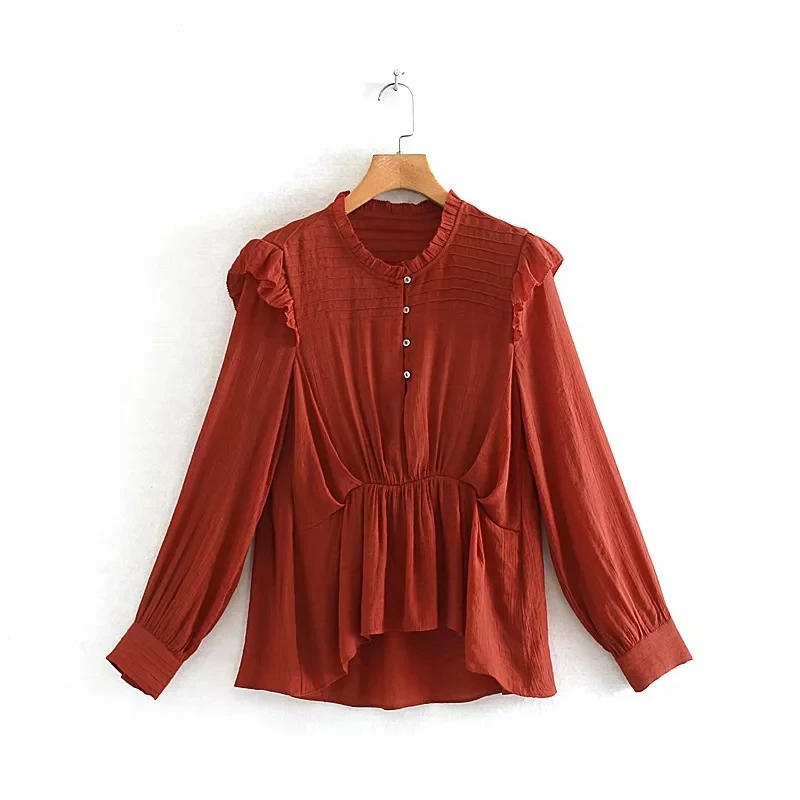 

Cascading Ruffle Long Sleeve Solid Women Shirt 2019 Autumn Leisure Lady O Neck Blouse Loose Tops S6526