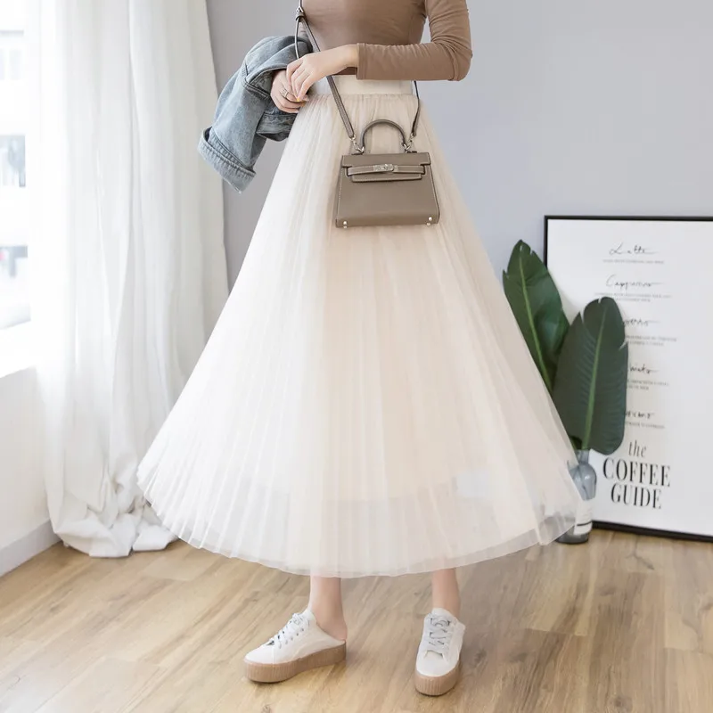 

Make skirts female new skirt of tall waist gauze pleated skirt ins super fire in the long veil