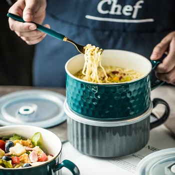

Ceramic instant noodle bowl with lid instant noodle bowl household lunch box soup bowl rice bowl