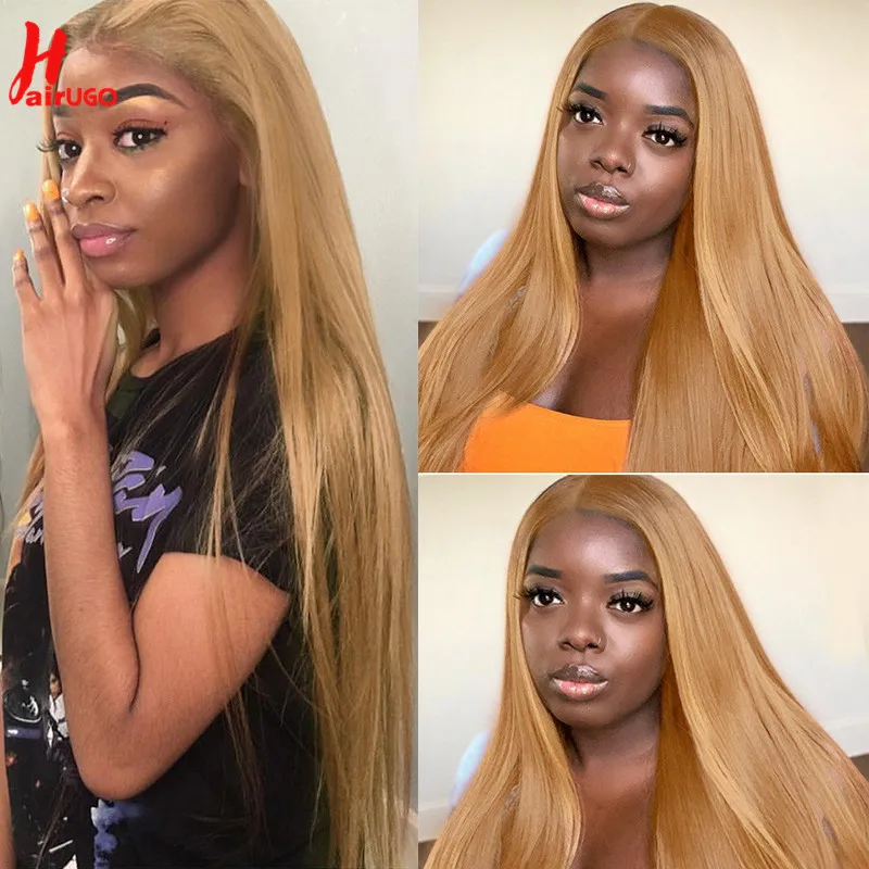 27# Honey Blonde Colored 13x1 T Part Lace Closure Wigs Human Hair Pre Plucked Remy Brazilian Straight Human Hair Wigs HairUGo