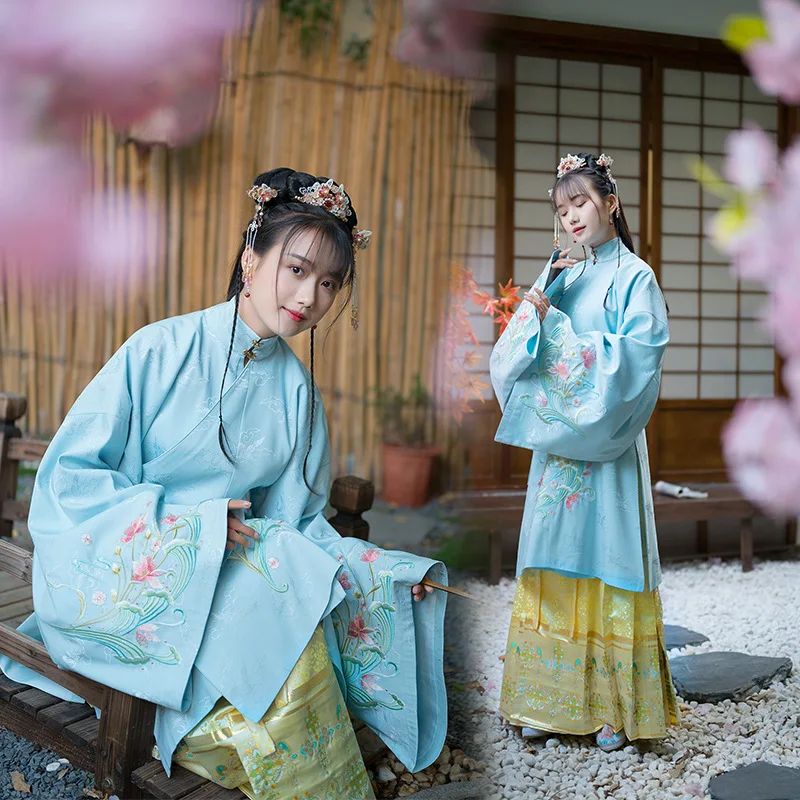 Vrouwelijke Hanfu Jurk Chinese Borduurwerk Elegant Blauw Tops Gold Rok Han/Tang/Ming Dynasty Fee Stage Performance Kostuum DQL3116 Vrouwelijke Hanfu Jurk Chinese Borduurwerk Elegant Blauw Tops Gold Rok Han/Tang/Ming Dynasty Fee Stage Performance Kostuum DQL3116
