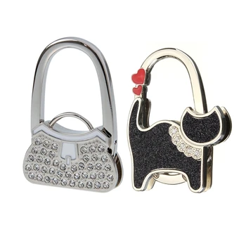 

Beautiful Cat Compact Handbag Holder Hanger Bag Holder Black & Hang Hook Handbag Rhinestones Metal Deco 55X45X15mm