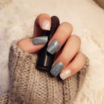 

24pcs Gray blue marble pattern short size false nails with glue round head press on nails with designs cute false nails