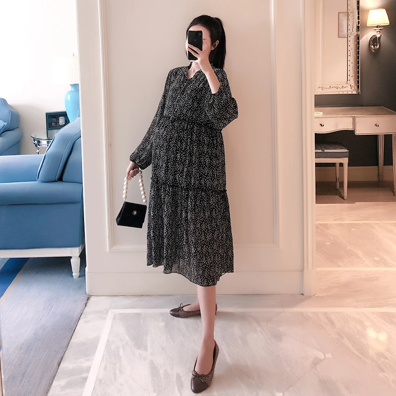 heise 9352# Весенняя корейская мода для беременных Вечерние длинные платья черная шифоновая Лоскутная Одежда с принтом для беременных женщин - Цвет: heise