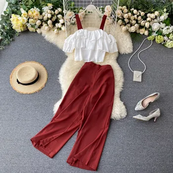 

Women's Slim Suit ruffles spaghetti collar shirt Wide leg pants Two-piece suits