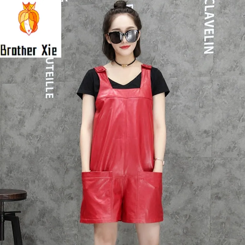 

High Quality Womens Jumpsuit Fashion Solid Genuine Leather Short Jumpsuit Streetwear Loose Fit Wide Leg Playsuits S-3XL