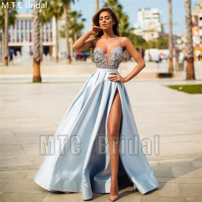 

Mint Blue High Slit Sexy Prom Dresses Backless Spaghetti Strap Lace Satin Long Formal Dress Plus Size Wedding Party Gowns