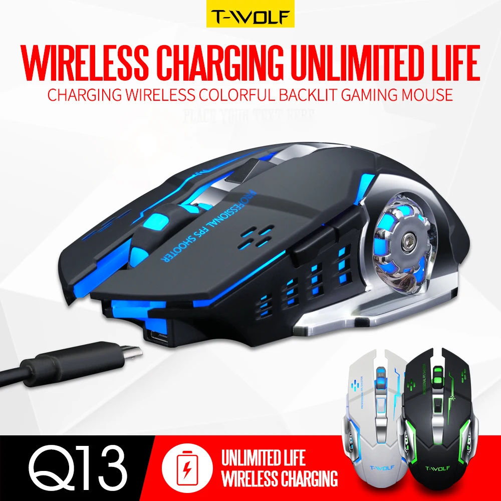 

Q13 Rechargeable Wireless Mouse Silent Ergonomic Gaming Mice 6 Keys RGB Backlight 2400 DPI for Laptop Computer Pro Gamer