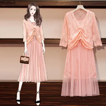 

Summer Spring Elegant Two Piece Set For Women Plus Size Hollow Out Fashion Tops + Spaghetti Strap Dress Suit Outfits Korean 2020