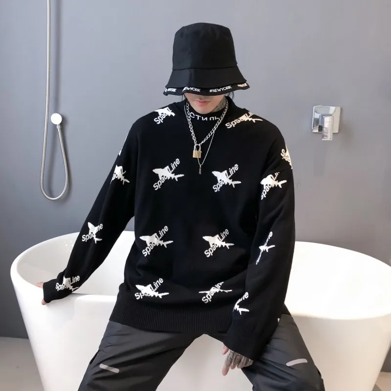 Promo RLJT.JIN Winter High quality shark pattern casual sweater men Pullovers for tough guys Simple style sweater collar long sleeve