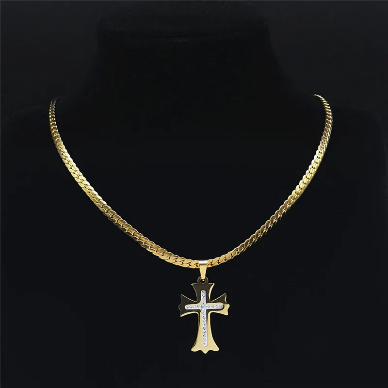 Kristall-Edelstahl-Kreuzanhänger-Halskette für Damen und Herren, Goldfarben, katholische Kettenhalsketten, Schmuck, Halsband, Choker 8354