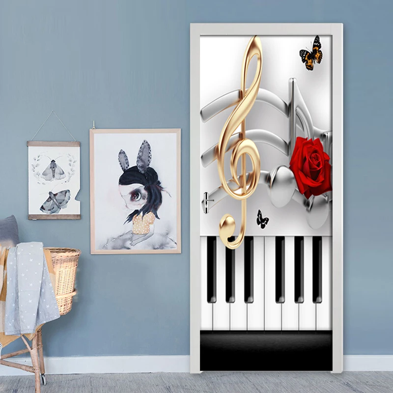 DIY самоклеющиеся наклейки на двери 3D фортепианная нота розы наклейки для гостиной спальни двери Декор ПВХ водонепроницаемый художественные обои плакат