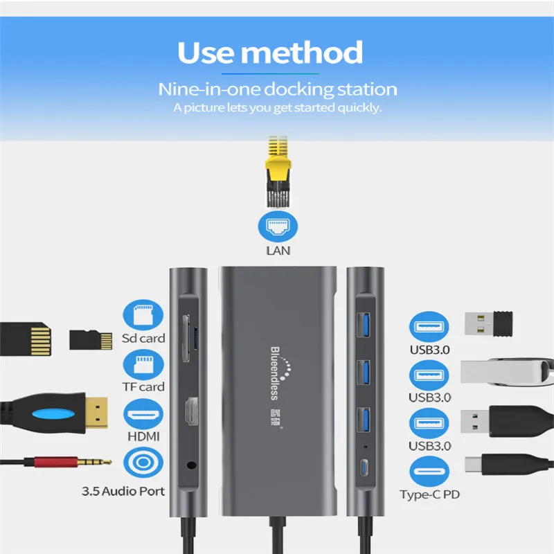 Док станция для ноутбука 9 в 1 USB 3 0 HDMI TF LAN PD|Компьютерные кабели и разъемы| |