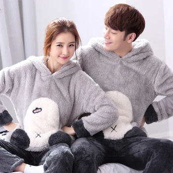 

2019 Flannel Couples Plush Pajamas Set Winter Thicker Hooded Men Pyjama Set Long Pants Cat Animal Cartoon Printed Pijamas hombre