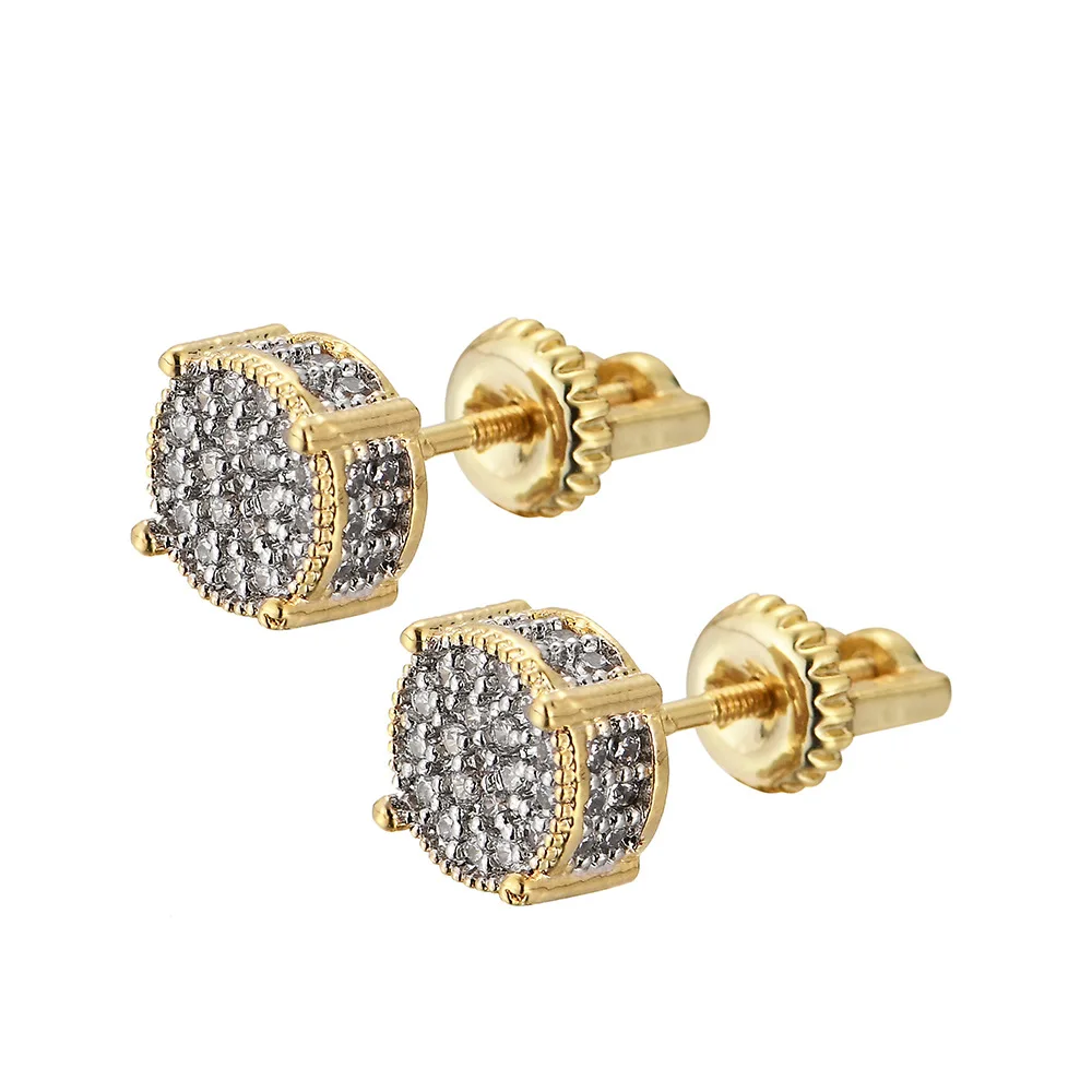 

Hip HOP Pure Gold Plating CZ Bling Ice Out Stud Earring Cubic Zironia Stone Round 8mm for Men Women Couple