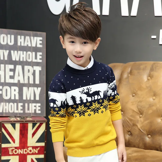 Autumn Winter Christmas Sweater Baby Boys and Girl Children O-Neck Print Knitted Sweater Kid Pullover Cartoon Teenager Sweater Yellow