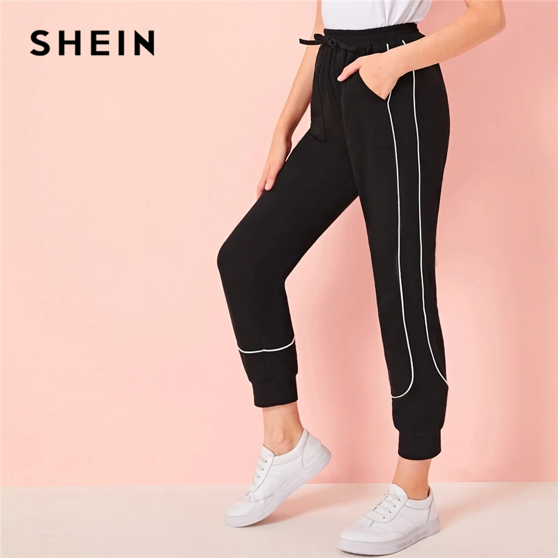 

SHEIN Kiddie Black Drawstring Waist Contrast Binding Sweatpants Kids 2019 Autumn Active Wear Double Pocket Trousers For Chldren