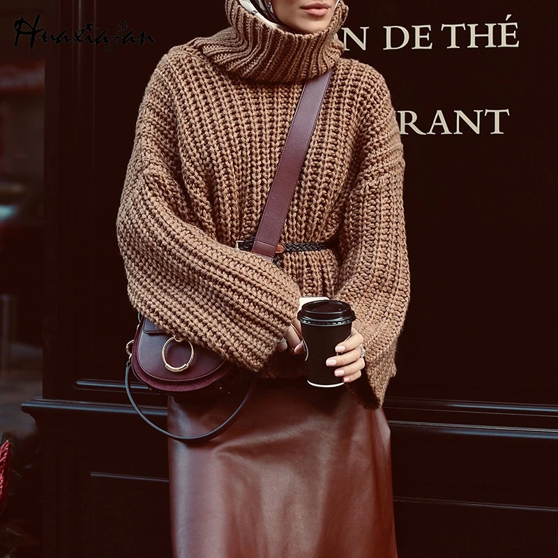 

Huaxiafan winter autumn sweaters women sweaters turtleneck long sleeve jumper pullover solid long sleeve loose casual sweater