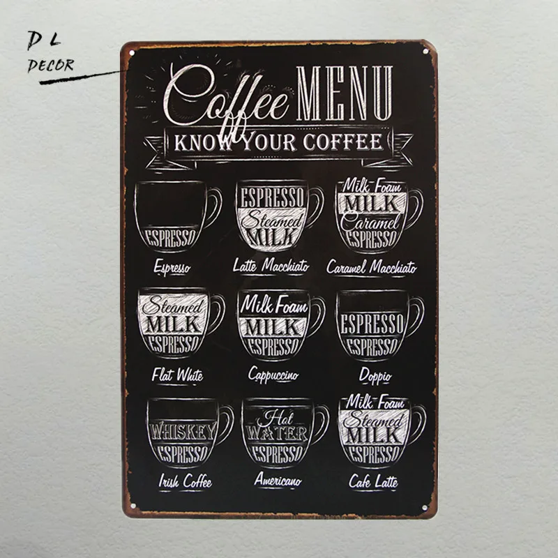 DL-CAFE меню знай свой Кофе жестяная вывеска старая стена металлическая живопись художественный Декор