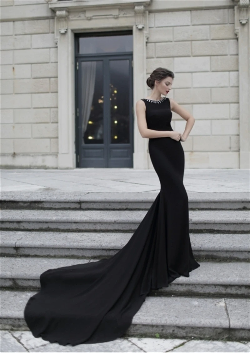 Элегантное Длинное Черное вечернее платье с бусинами и кристаллами vestido De festa, Сексуальные вечерние платья с открытой спиной