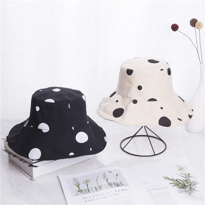 Sun Hat Women Summer Foldable Bucket Hat Harajuku Large Brim Dot Printed Beach Sun Hat Japanese Style Yellow Black Khaki Beige   (14)