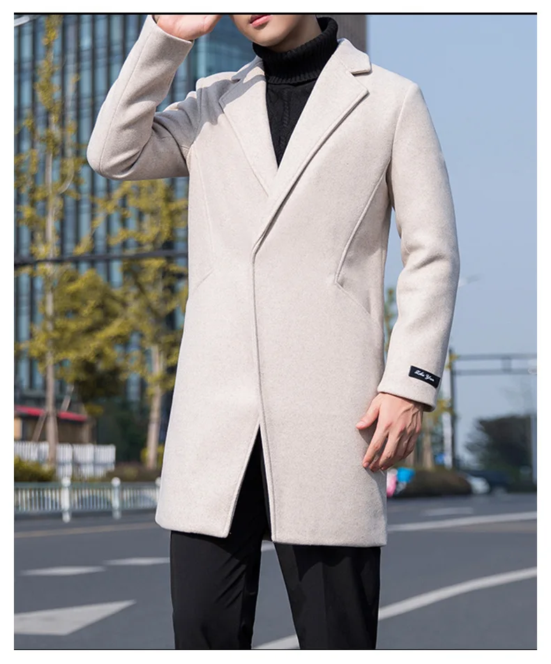 Для Мужчин's длинная куртка осень-зима Slim Fit Тренч для Для мужчин модные Повседневное ветровка пальто из шерсти и синтетического волокна