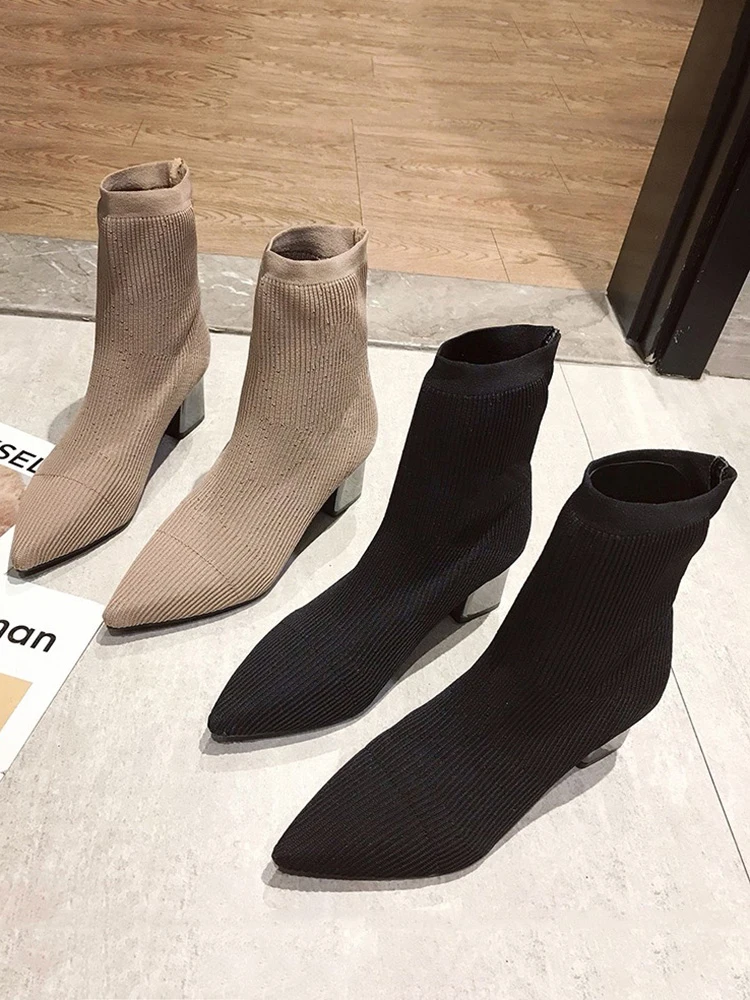 

Women Ankle Sock Boots Chunky High Heels Pointed Toe Slip On Fashion Knitting Booties Stretch Boots