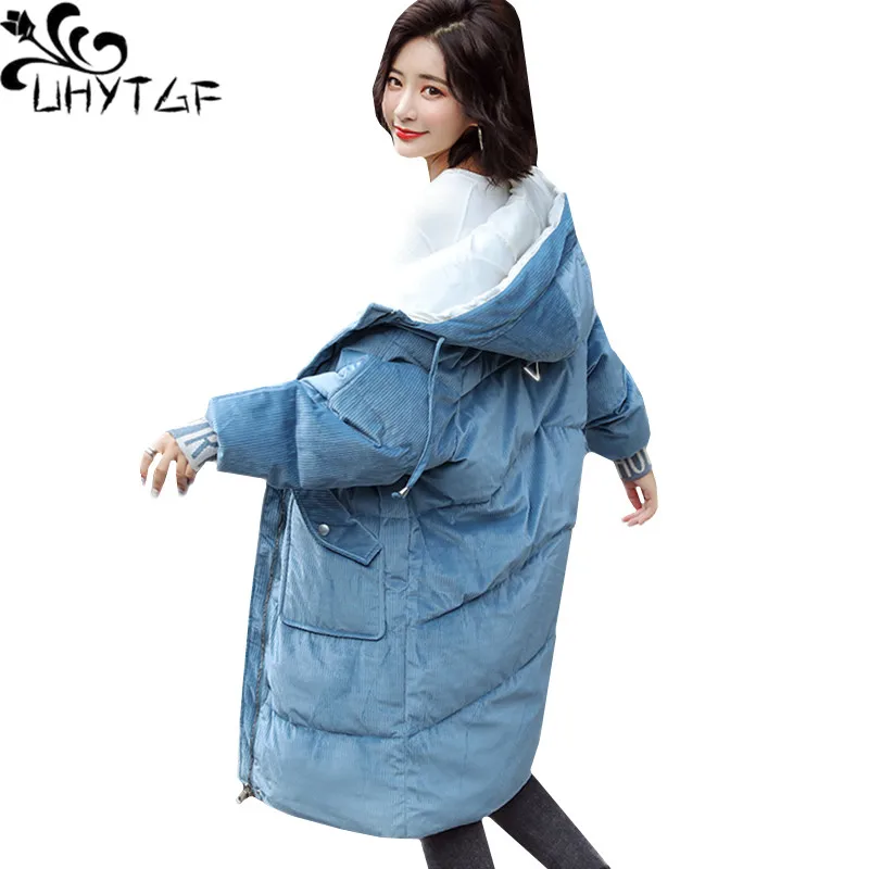 

UHYTGF High quality corduroy winter down jacket hooded warm outerwear Thick Cold protection Warm plus size coat parkas mujer 815