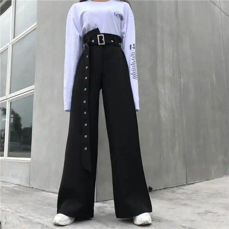 NiceMix Harajuku поясом широкие брюки для женщин с высокой талией из однотонного Цвет
