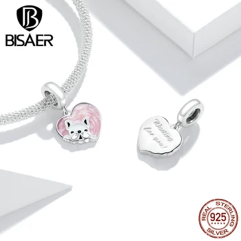 

BISAER 100% 925 Sterling Silver Beads Pink Cute Puppy Heart Shaped Charms Pendant fit for Bracelets Necklaces Jewelry Gift
