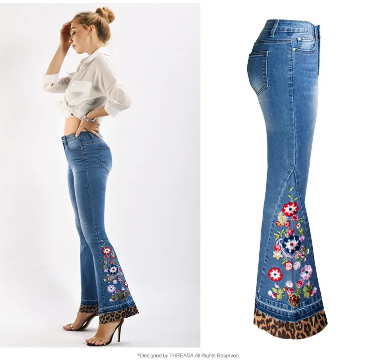 Women Fashion Leopard Patchwork Denim Jeans Stretch Skinny Jean Ladies Casual Flares Pants Quality flower Embroidery Trousers