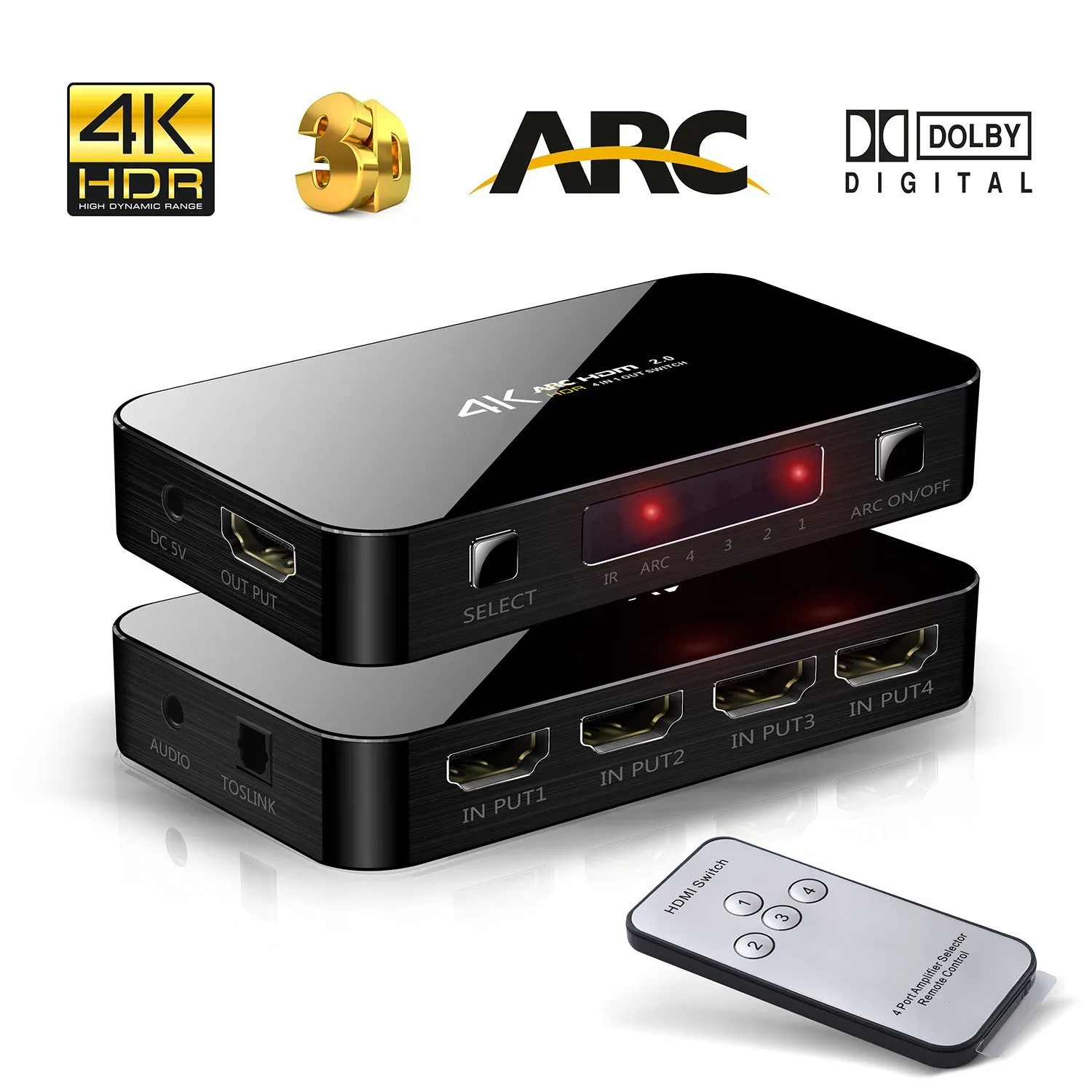 HDMI2.0 Switch ARC 4K HD 4 Port 4K x 2K Audio Optical TOSLINK HDMI with IR Remote for Mackbook HDTV Laptop XBOX 360 PS4