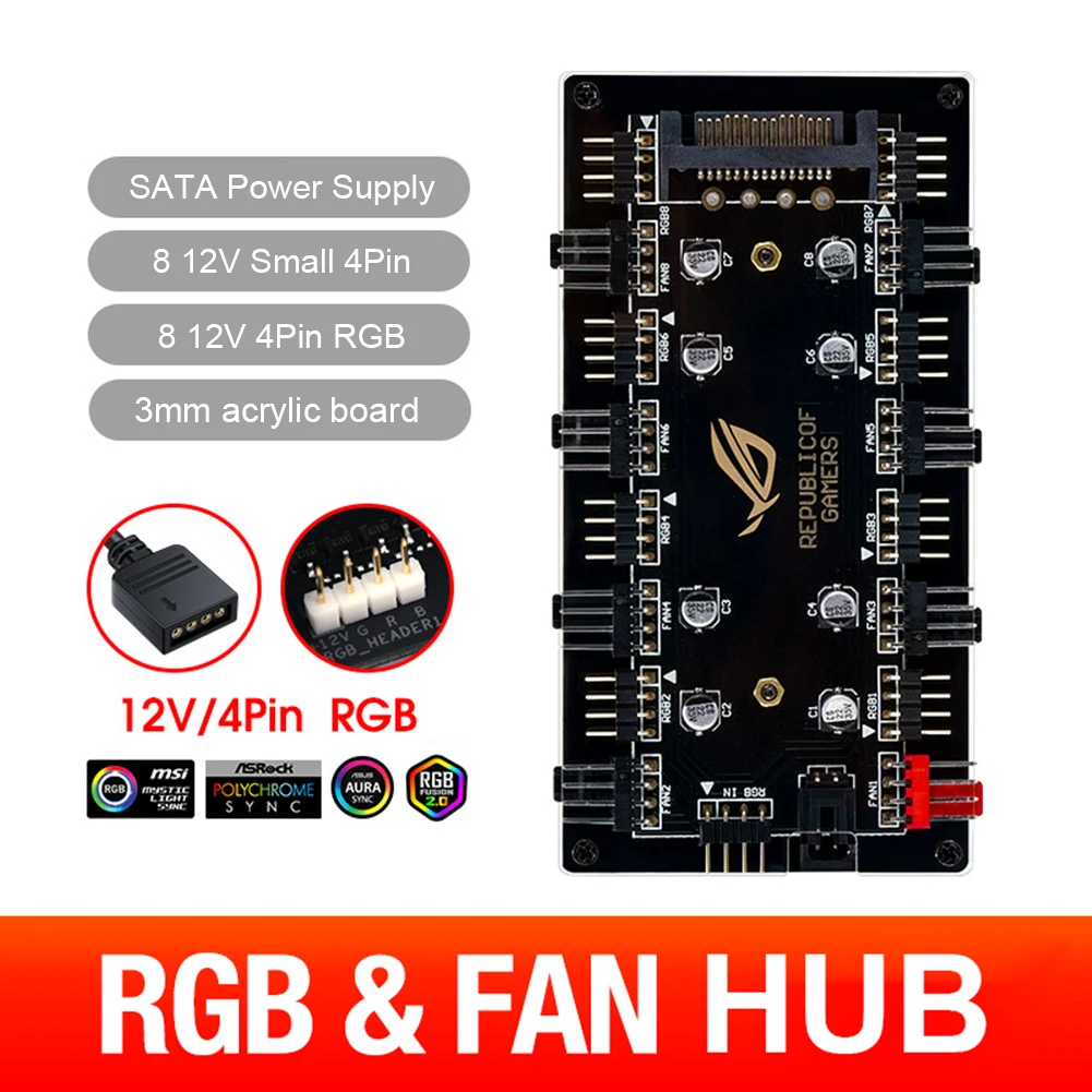 5V/3 Pin 12V/4PIN ARGB 4 Fan PWM HUB 1 To 8 Multi Way Splitter for Motherboard LED Strip Light Control Adapter By SATA/4D | Компьютеры и